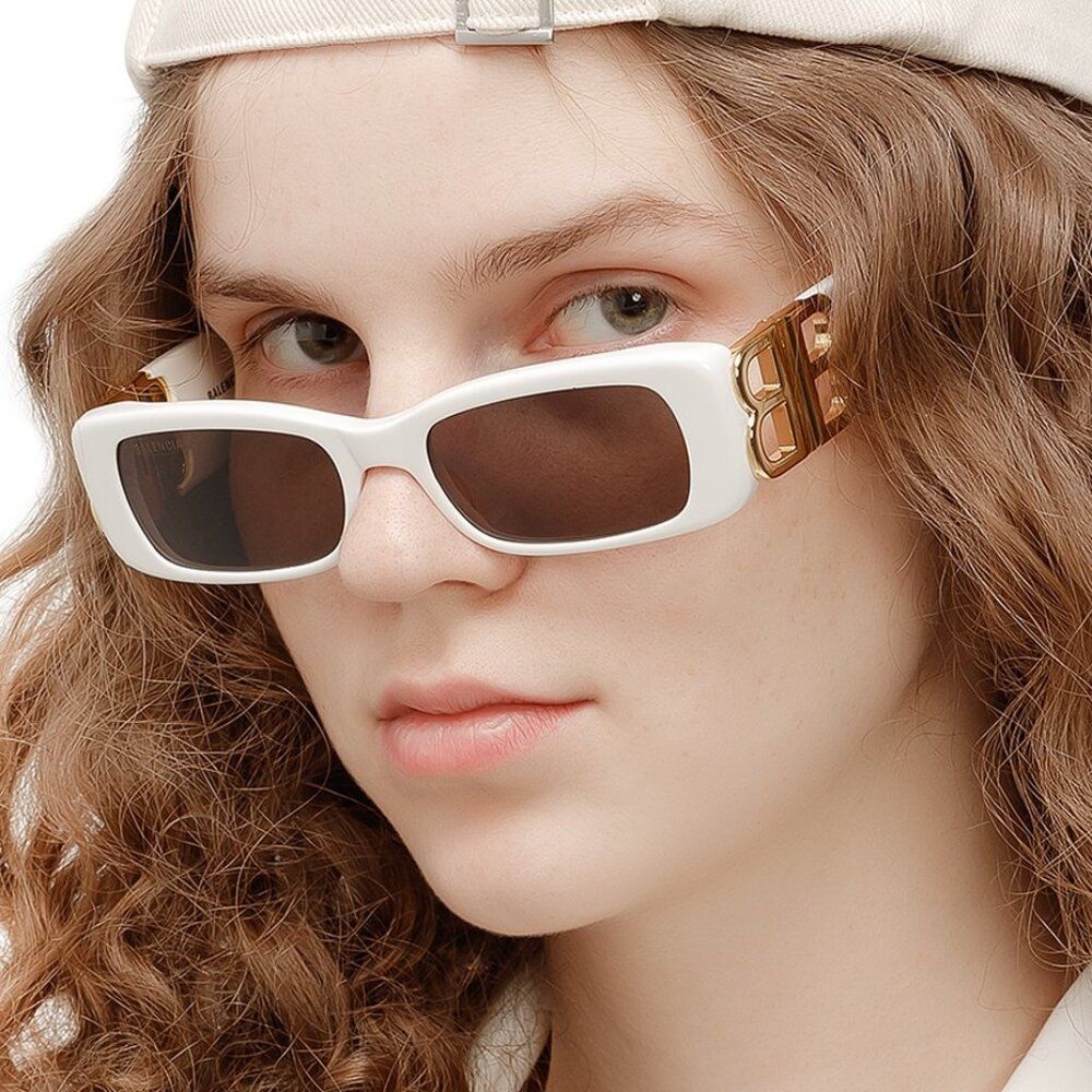 SALE! NEW Balenciaga  BB0096S 011 White Logo Grey Rectangle Unisex Sunglasses
